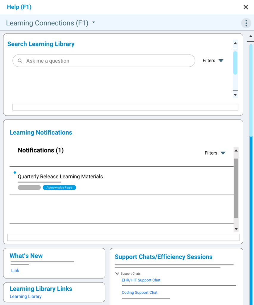 An mock-up of M Health Fairview's Learning Connections (F1) Dashboard in Epic.