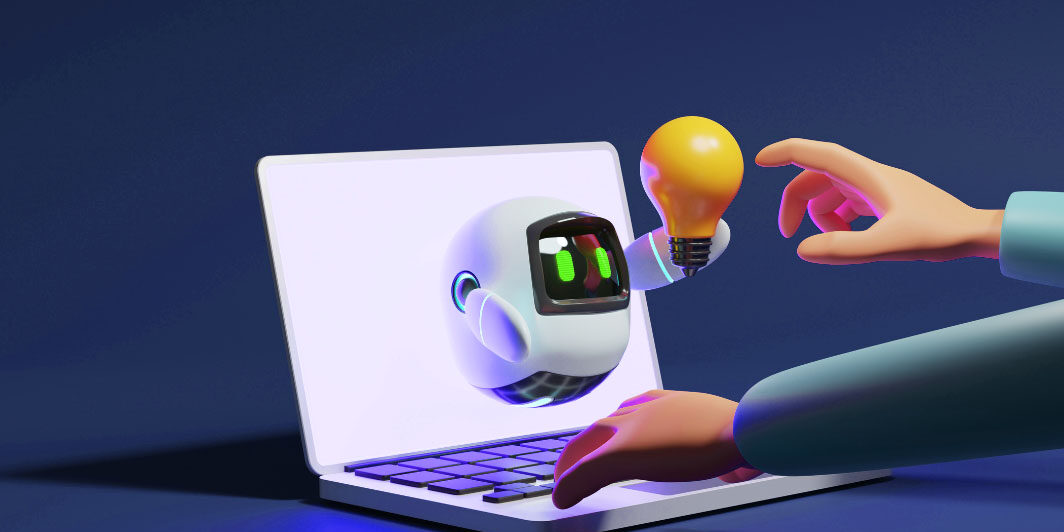 Robot coming out of laptop screen to hand lightbulb to user's hand.