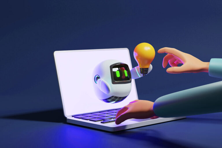 Robot coming out of laptop screen to hand lightbulb to user's hand.