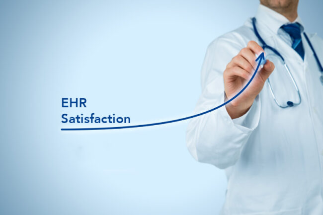 Doctor drawing an EHR satisfaction line that is increasing exponentially